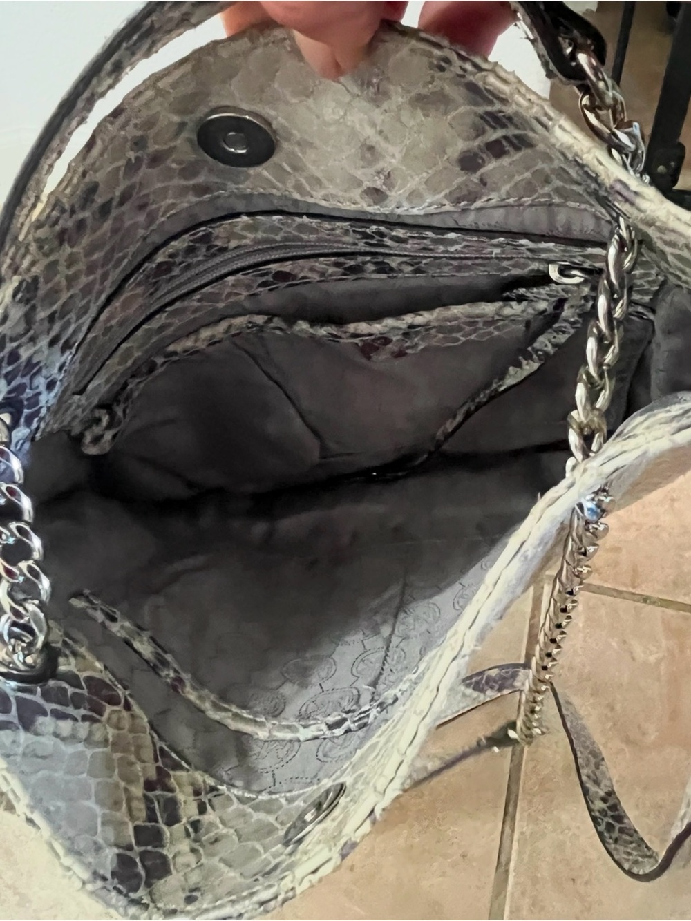 Python-Embossed Shoulder Bag in Metallic Gray - Picture 5 of 5
